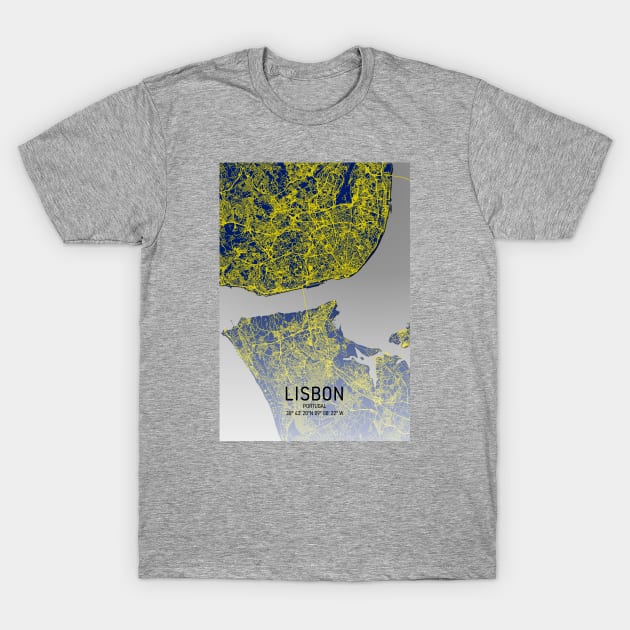 Lisbon City Map Yellow and Blue T-Shirt by MapCarton